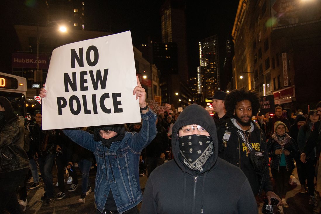 Protesters take to the streets of downtown Brooklyn to protest the NYPD's policing tactics in the subway system.